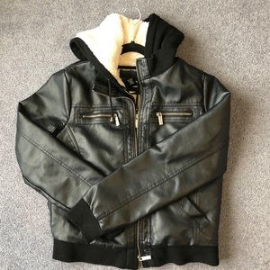 sherpa lined hooded leather jacket